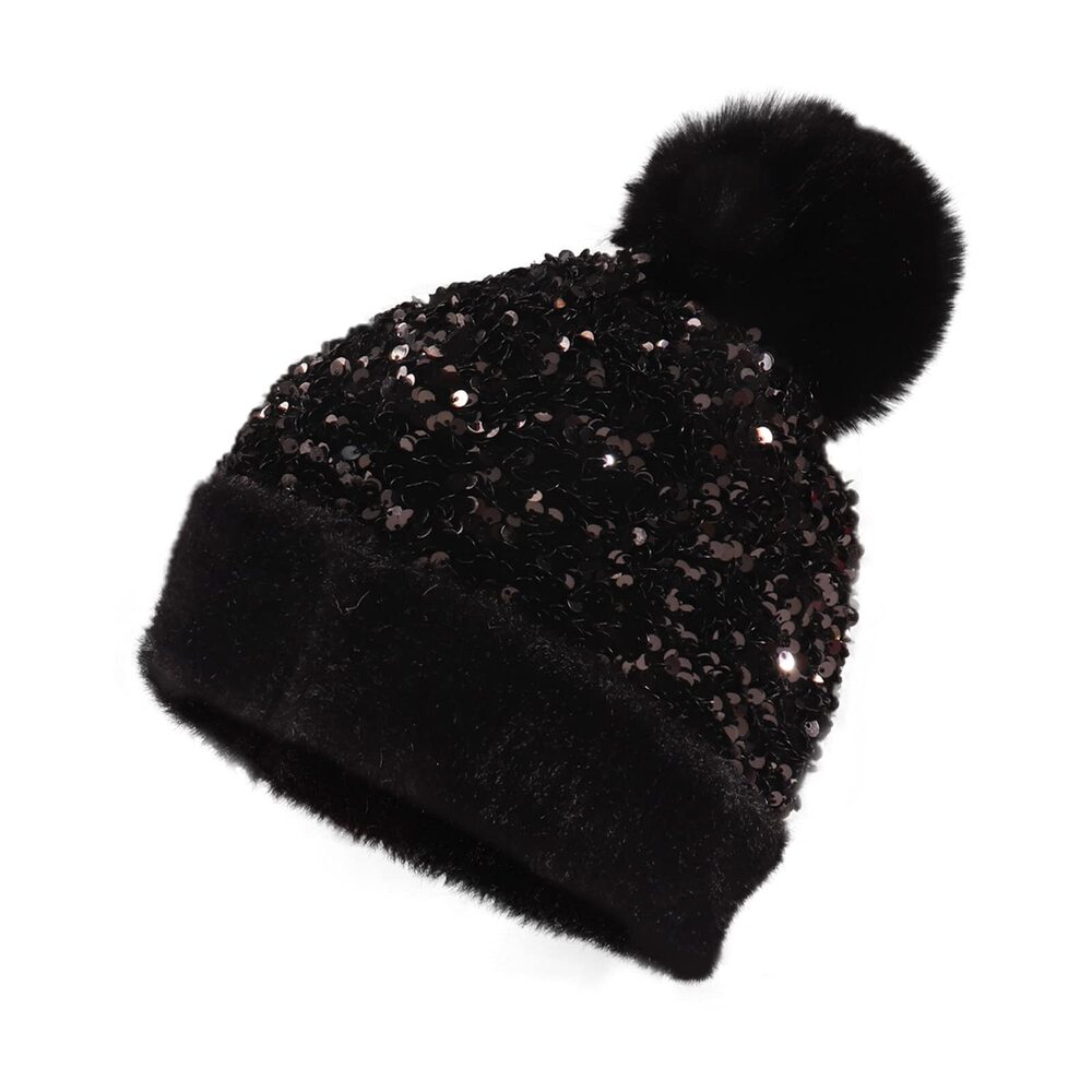 8367 Sequin Knitted Beanie Hat with Removable Faux Fur Pom-Pom Shiny Bling